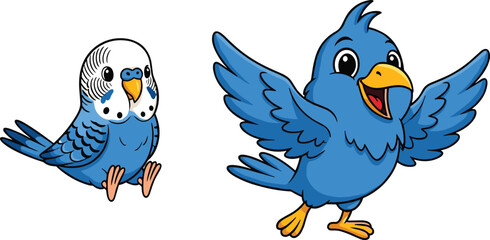 Cute cartoon blue parrot and happy blue bird illustration isolated on white background, adorable vector art for children designs