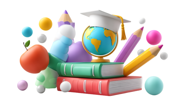 Colorful books, globe, graduation cap, and apple isolated on transparent background