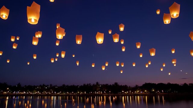 Spectacular Sky Lanterns Rising Over Water at Night - A Beautiful Celebration Visuals