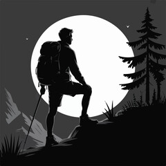 Hiker Silhouette Standing on Mountain Peak with Backpack at Full Moon Vector Illustration