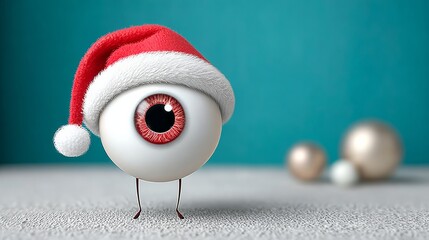 Cartoon character with a red hat and a red eye is standing on a white surface. The character is wearing a Santa hat and he is looking at the camera. The image has a playful and festive mood