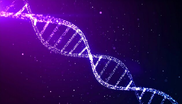 Glowing DNA helix with cosmic background.