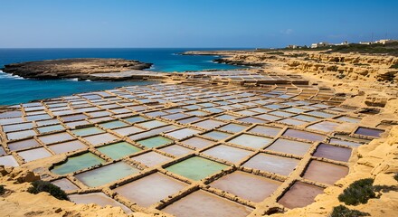 Picturesque salt pans reflecting the clear blue sky on a sunny day in Gozo Malta