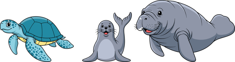 Cute Cartoon Sea Turtle, Seal, and Manatee – Friendly Marine Animals Vector Illustration for Kids and Wildlife ArtCute Cartoon Sea Turtle, Seal, and Manatee 