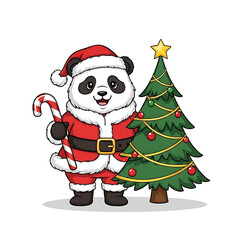 Panda dressed as santa with christmas tree and candy cane isolated on transparent background