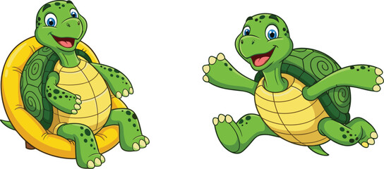 Cute cartoon turtle characters illustration set, smiling tortoise sitting on chair and running, adorable reptile animal mascot vector clipart design