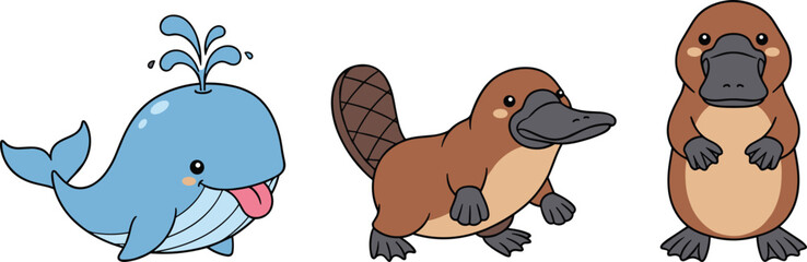Cute Cartoon Whale and Platypus Animals – Fun Marine and Semi-Aquatic Wildlife Vector Illustration for Kids and Nature Art