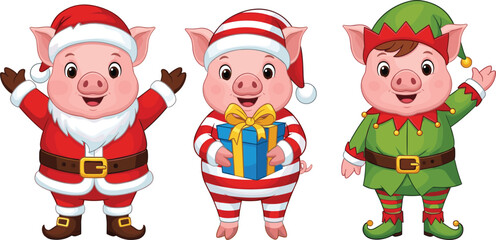 Cute pig Christmas characters in Santa suit, elf costume, and holiday pajamas with present, cartoon festive pig clipart illustration