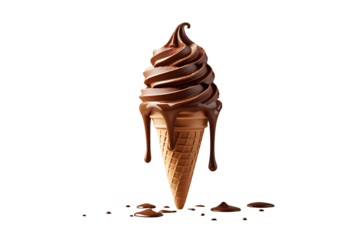an ice cream cone with chocolate ice cream, and chocolate sauce, set against a white space, this is an appealing dessert, delicious and ready to be tasted, no background.