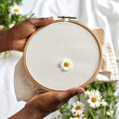 Hands holding a hoop with white fabric and a single daisy