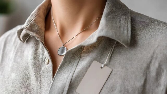 A woman is wearing a necklace and a tag on her shirt. The tag is white and has a logo on it. Closeup eco-friendly clothing tag on linen shirt, sustainable fashion practices, clean neutral background