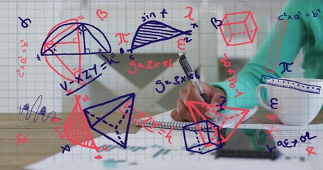 Hand entering and writing math equation while aligning with geometric shapes on transparent grid - Powered by Adobe