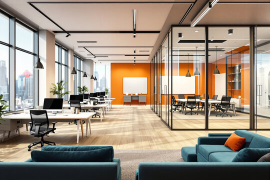 Modern open-plan office interior design with glass meeting rooms, orange accent walls, and contemporary workspace furniture in a cityscape background. Ai generative - Powered by Adobe