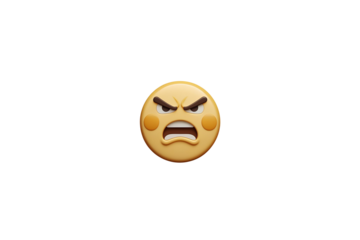 an angry emoji with a design, this represents an emotion, and set against a transparent background