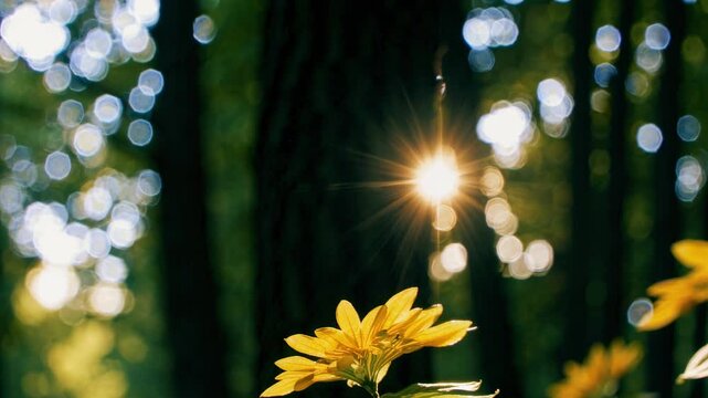 Close-up of yellow flowers with sunburst and bokeh effect in the background, captured from a low angle, creating a dreamy video aesthetic.
