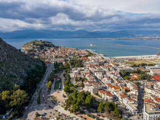 Naklejka premium Aerial landscape city Nafplio former Greek Capitol winter sunny day in Mediterranean Greece