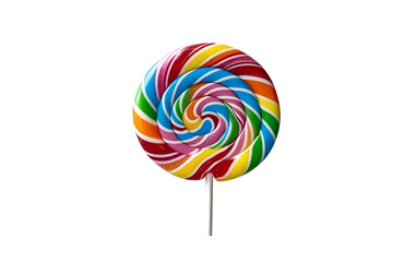 a colorful lollipop, with a swirling design, with various colors, designed to be enjoyed, on a white surface, a classic candy, ready to be eaten, no background.