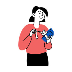 Doodle woman with a gift. Happy character opens a gift, unties a ribbon. Holiday. Vector linear color illustration