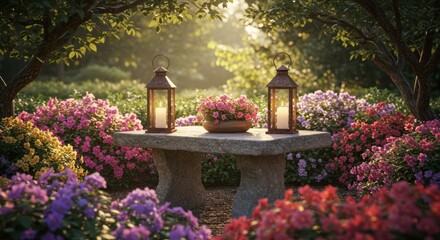 Serene Garden Oasis A Stone Bench Adorned with Lanterns and Flowers