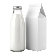 A glass bottle filled with milk and a white carton box standing side by side on a black background