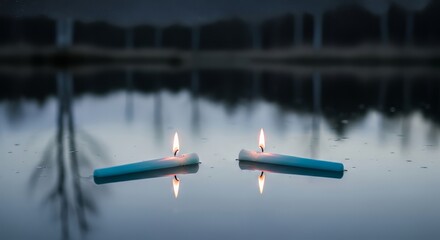 Two blue candles floating on a lake reflecting in the water at night