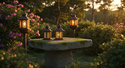 Tranquil Garden Evening Stone Table Illuminated by Lanterns Amidst Lush Foliage