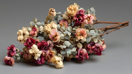 A colorful bouquet of dried flowers, displaying a variety of muted pastel and deep rose tones, rests against a neutral gray backdrop.