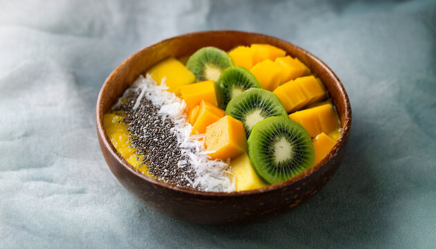 vibrant tropical fruit bowl an artfully arranged close up showcases a colorful smoothie bowl topped with fresh vibrant mango kiwi chia seeds and coconut flakes promising a taste of paradise