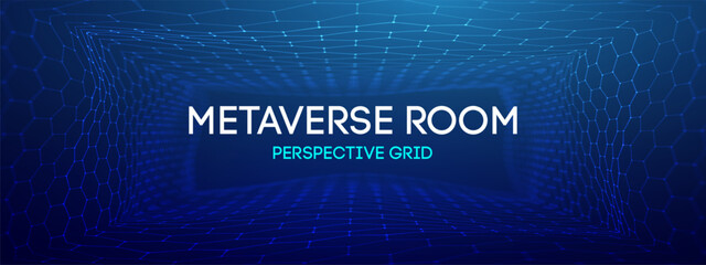 Metaverse room grid with hexagon net pattern and wireframe digital texture. Futuristic crypto floor neon data network for VR background. 3D geometric mesh cyber cube concept for virtual studio.