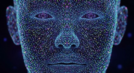 Digital human face made of particles, AI concept.