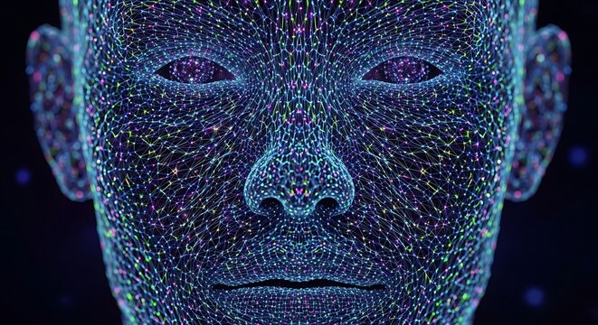 Digital human face made of particles, AI concept. - Powered by Adobe