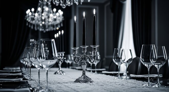 Elegant table setting with black candles and crystal glasses in a dark room