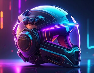 Fototapeta premium Cybernetic Helmet: An incredibly detailed cybernetic helmet with intricate glowing neon lights, capturing the cutting-edge aesthetics of futuristic technology.