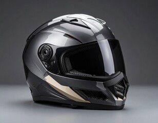 Fototapeta premium Protective Motorcycle Helmet: a streamlined, metallic-finish motorcycle helmet. This image captures the essence of safety and style.