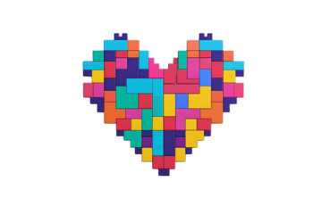 a pixel heart made from blocks, with various colors, set against a white space, with a bright and happy design, ready to be found, a nice gift, no background.