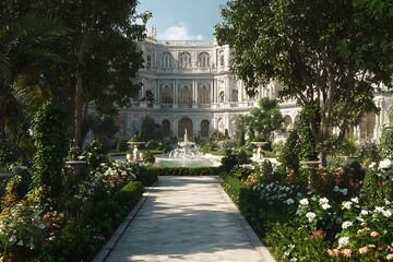 Stunning classical estate garden with fountain, lush greenery, and elegant architecture, perfect for luxury travel and lifestyle concepts