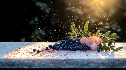 Close up photo of fresh blueberries and fruit composition arrangement on a rustic stone surface