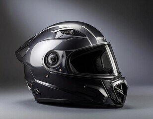 Fototapeta premium The Futuristic Helmet: This sleek and modern motorcycle helmet, designed with precision and cutting-edge aesthetics, is illuminated in a studio setting against a soft, graduated backdrop.