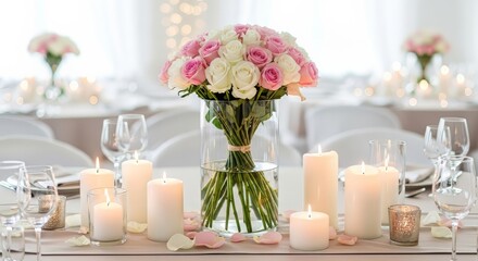 Wedding table setting with roses and candles for a romantic celebration