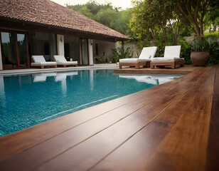 luxury swimming pool, Wooden floor swimming pool in backyard of luxury villa