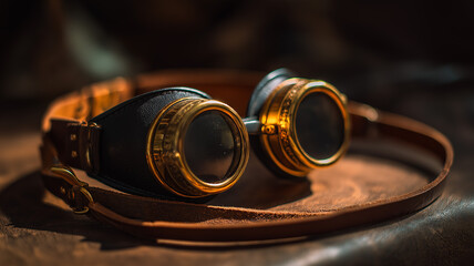 Steampunk goggles on leather surface, brass and glass shining, moody atmosphere, fine art photo style
