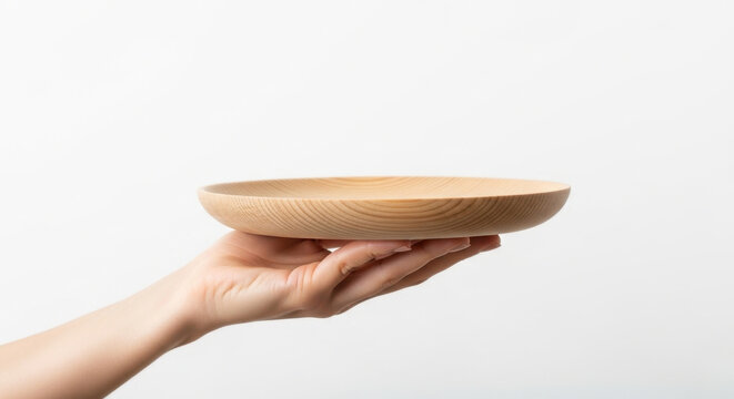Close up view of a human hand holding a plain empty wooden plate isolated on a white background