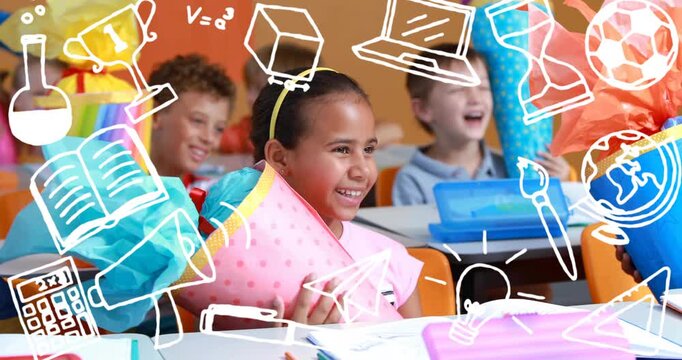 Teacher distributing cones at desks, girl hugging cone on first day while doodles filling screen