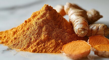 Close up photo of fresh turmeric roots alongside bright orange turmeric powder