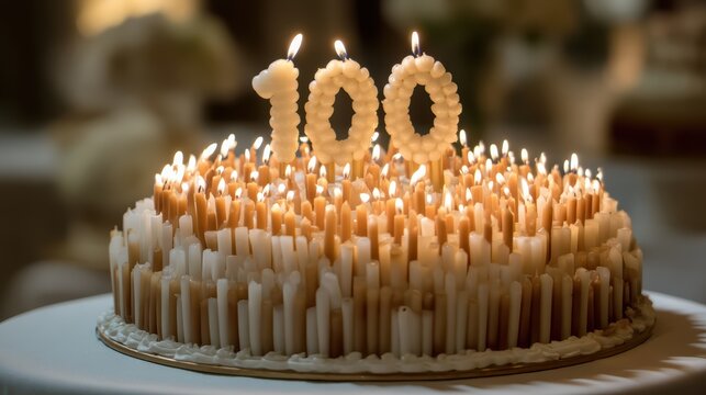 A Centenary Celebration Cake with Many Lit Candles