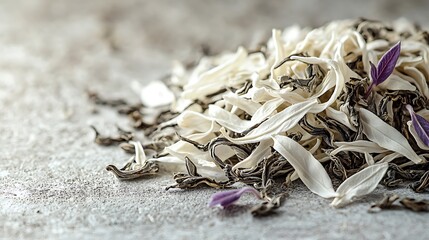 Close up photo of fresh white tea leaves and purple accents on textured surface
