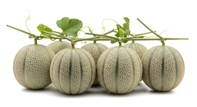 Close up view of fresh cantaloupe melons with leafy vines and stem isolated on a white background - Powered by Adobe