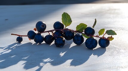 Close up photo of fresh wild berries on a branch with green leaves and shadow play