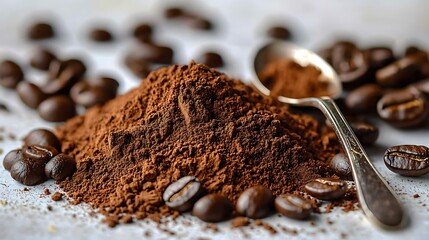 Close up photo of freshly ground coffee powder with roasted coffee beans