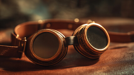 Steampunk goggles on leather surface, brass and glass shining, moody atmosphere, fine art photo style